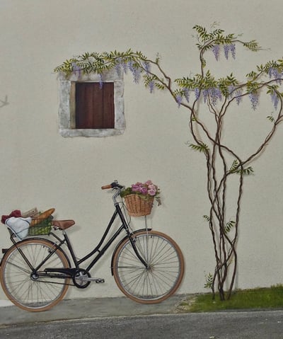 Un vélo, une glycine, un banc, des oiseaux, un livre et une fenêtre en trompe-l'oeil, ces décors peints animent une façade ex
