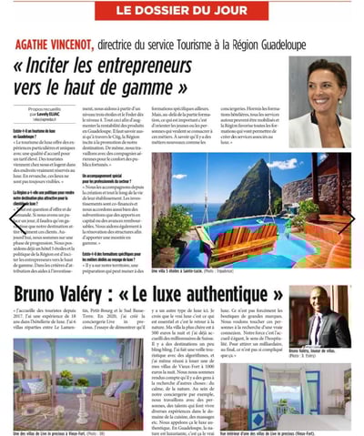 Extrait d’un article de presse dans France-Antilles où Bruno Valery évoque le luxe authentique comme moteur de l’hospitalité 