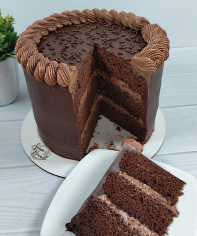 a chocolate cake with chocolate frosting and chocolate frosting