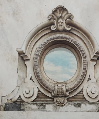 Oeil de boeuf en trompe-l'oeil peint, avec le reflet d'un ciel