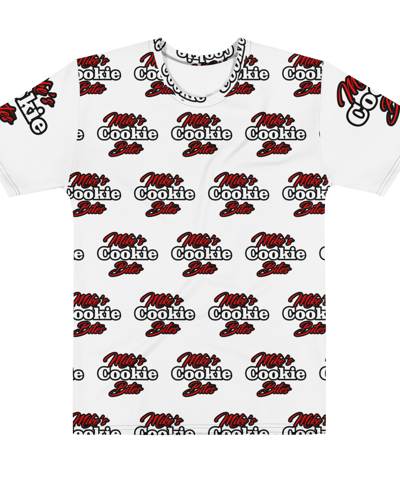 a white t - shirt with a red and black background with a red and white