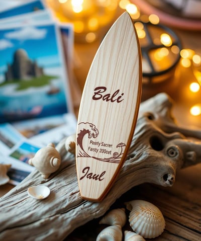 a surfboard with a wooden sign that says balii