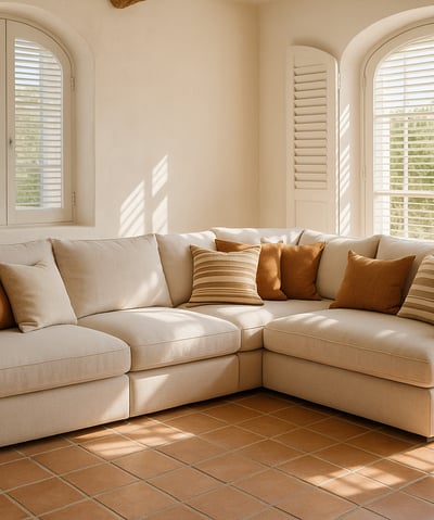 Sofá esquinero beige con cojines decorativos en salón mediterráneo con ventanas arqueadas y luz natu