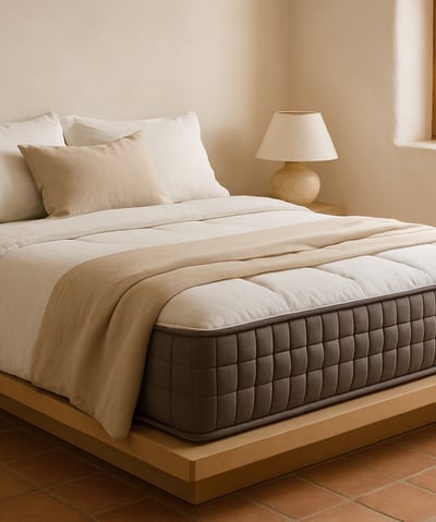 Cama con colchón viscoelástico sobre base de madera en dormitorio minimalista mediterráneo con luz n
