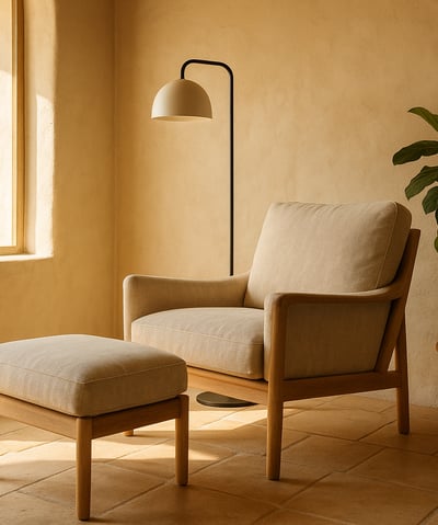 Sillón tapizado con reposapiés en rincón de lectura mediterráneo con planta decorativa y lámpara de 