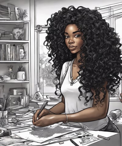 a woman with a large curly hair and a penciled up hair
