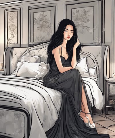 a woman in a black dress sitting on a bed