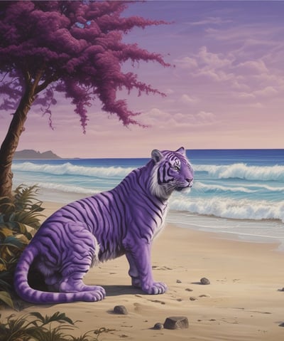 peinture surréaliste XXe siècle représentant un tigre violet dans un horison fantaisiste magnifique