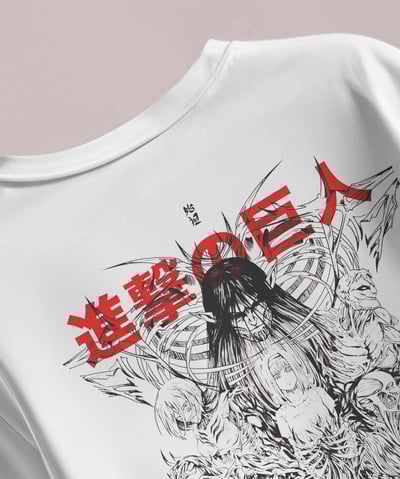 a white t - shirt with a drawing of a eren from attack on titan