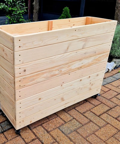 restaurant planter on wheels shallow bottom WOODEN OUTDOOR PLANTER GARDEN SOLID WOOD HANDMADE UK LONDON THROUGH tall large