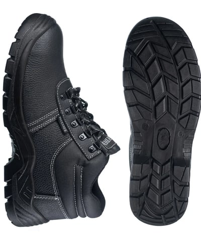 a pair of black leather work boots with a black sole sole