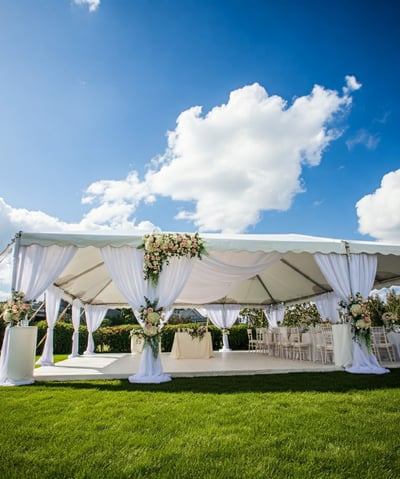 Carpa 30x40 Para boda, decorada con manteleria 