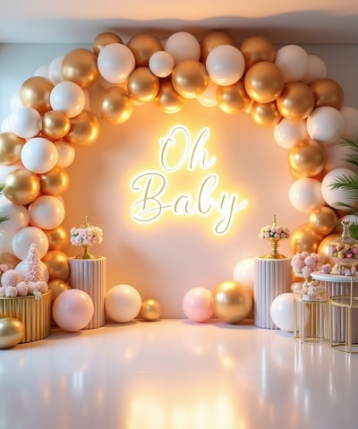 Elegant indoor luxury baby shower setup featuring pastel balloon garlands, 'Oh Baby' neon sign backdrop, decorated cylinders,