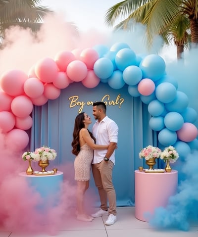 Luxury gender reveal party scene featuring a happy couple celebrating amidst pink and blue smoke, elegant balloon garlands, a