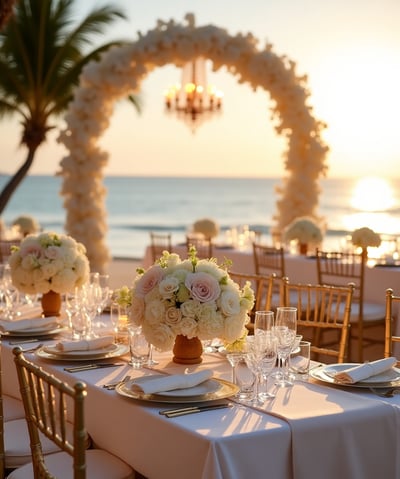 Elegant beachfront wedding setup featuring gold Chiavari chairs, acrylic tables, white and blush floral arrangements, and pre