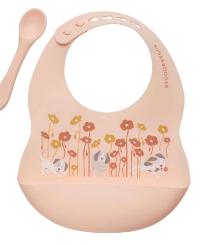 silicone bib and spoon feeding set with puppies