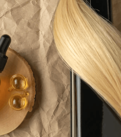 een styling tool met haar en een flesje haarolie