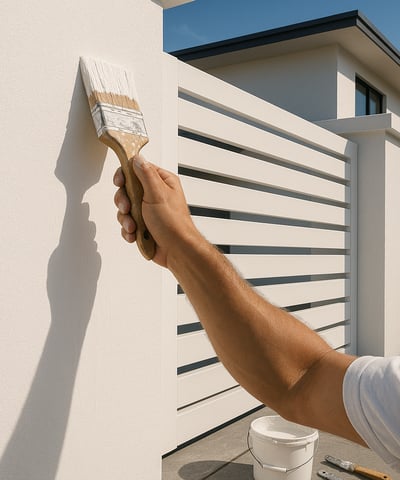 Mão de pintor aplicando tinta branca em muro externo com pincel em frente a casa moderna