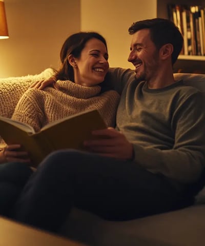 a man and woman sitting on a couch in a living room