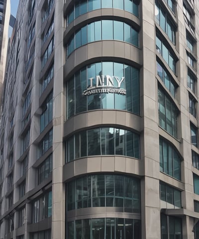 The image features the facade of a modern office building with a clean, geometric design. It is constructed with a combination of red brick and large glass panels, and there is a prominently displayed sign for Tata Consultancy Services in blue. Trees partially frame the view, and a lamppost is visible at the foreground.