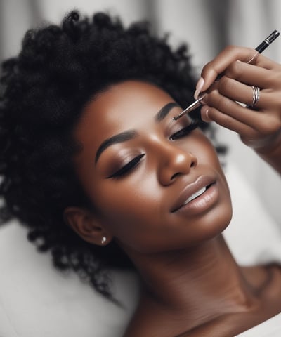 A collection of beauty and skincare products is arranged on a surface, including bottles of oils and serums, cosmetics like lipstick and blush, makeup brushes in a holder, and a lit black candle adding ambiance. The setup is accompanied by cotton swabs, emphasizing a self-care or beauty routine theme.