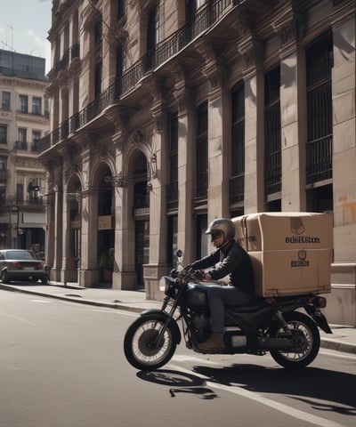 A person wearing an orange helmet and jacket is riding a motorcycle. The motorcycle is covered with a large blue protective cloth, and there is a reflective windshield attached to the front. A car is visible on the street, and buildings with green foliage are in the background.