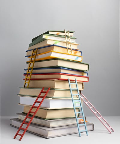 a stack of books with a ladder up to the top of it