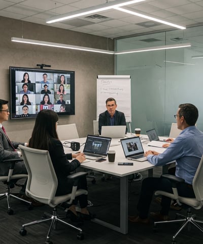 Business people in an office meeting with a client via Video Conference.