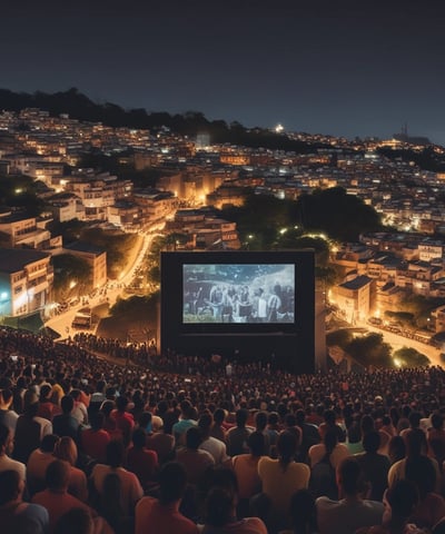 A dimly lit movie theater featuring rows of empty seats silhouetted against a large blue screen displaying the logo and website of the Institute of Cinema and Audiovisual Arts (INCAA) in Argentina.