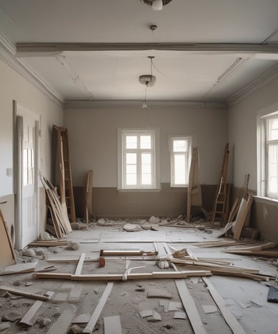 A room under renovation with unfinished walls and windows. A person is working on the floor, surrounded by construction materials including paint buckets, wooden planks, and plastic sheets. Sunlight streams in through the large windows, casting shadows on the partially plastered walls.