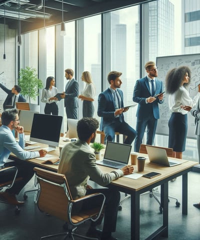 a group of people standing around a table with laptops