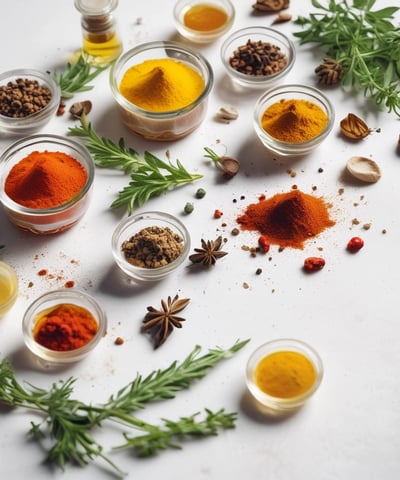 Various wellness and beauty products, including oils in bottles, a bowl of oil, dried flowers, crystals, a smudge stick, and a small dish of cream, are arranged aesthetically on a light surface. The scene is decorated with colorful flowers and herbs.