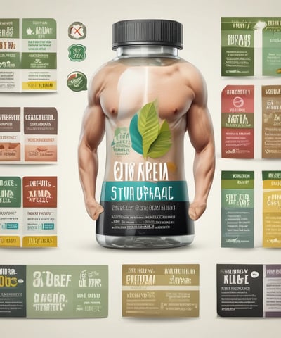 Three white plastic bottles of dietary supplements with labels. Two bottles are upright on a wooden surface, while the third is balanced on top. The background features green grass and trees in soft focus.