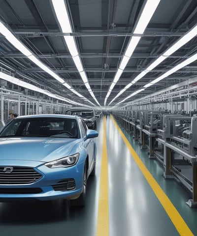 A vehicle assembly line inside an automotive factory, featuring a white SUV at the forefront. Bright overhead lights illuminate the work area, with several workers engaged in the production process. The SUV is stationed on a conveyor belt, with nearby tools and equipment supporting the assembly work.