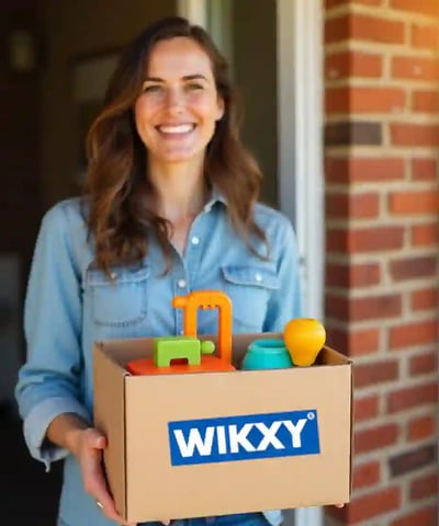 A happy, smiling woman receiving a free 3D printed package from WIKXY 3D printing at her doorstep.