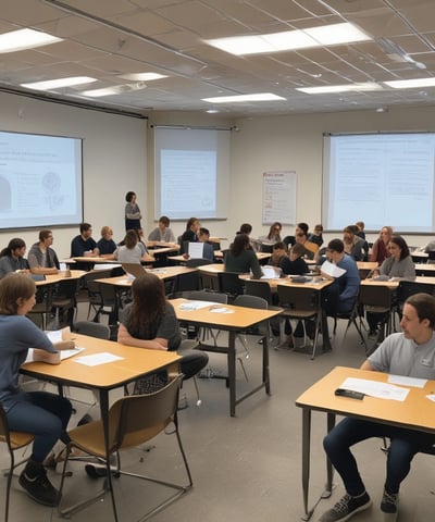 A classroom setting with several people seated at long tables with laptops and papers, attending a presentation or workshop. A presenter is standing to the right of the image, engaging with the audience. The room is well-lit, with a large banner on the wall displaying the topic 'Student Question in the Contemporary Classroom'. Various items such as flowers, cups, and boxes are placed on the tables.
