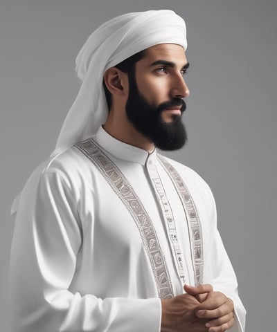 A group of men and boys dressed in traditional attire, including long robes and sashes, are gathered in a row indoors. Many are wearing head coverings, and some have ceremonial daggers (jambiyas) in their belts. In the background, there are decorative banners with images positioned on the walls.