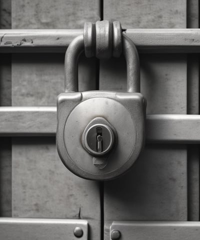 A black and white image featuring a security guard standing on a paved area of a modern building. The guard is wearing a uniform, including a shirt with shoulder insignia, a badge, a cap, and a mask. Architectural elements of the building are visible in the background, with tall geometric walls and an open passageway.