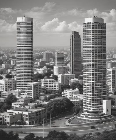 A large, modern building with a prominent red logo of a financial institution on its façade. The building has a geometric and industrial design, surrounded by other urban structures. A rooftop with various equipment and antennas can be seen, along with a cityscape in the background.