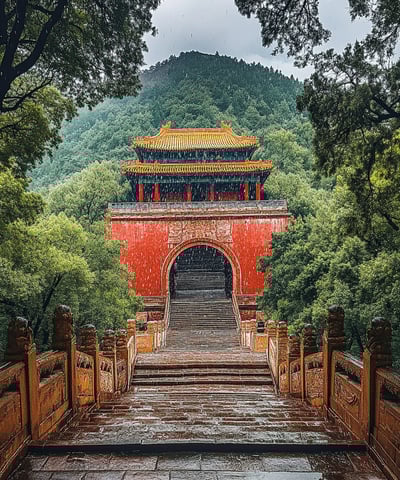 Ancient Chinese temple with red walls and golden roof, seen through rain on a forested mountain path.