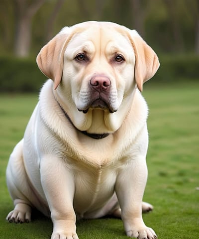 fat labrador dog sitting in a park