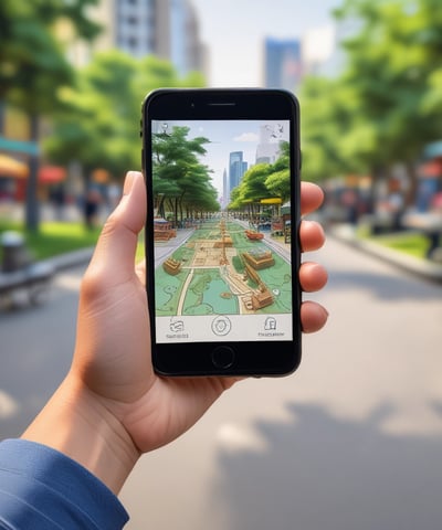 A person is holding a smartphone with a gaming app , featuring an augmented reality map. The setting is outdoors, with people visible in the background, suggesting a park or public space.