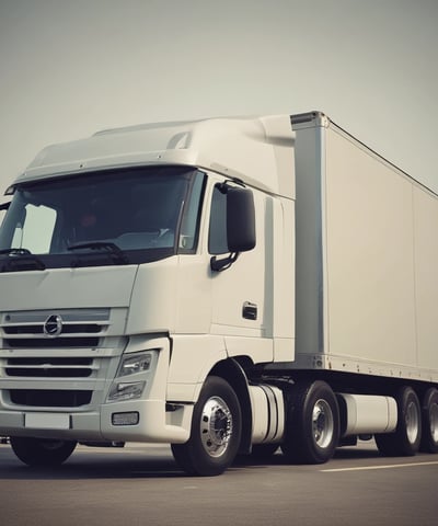 A moving truck with company branding is parked next to an open shipping container on a trailer. Two people are handling items near the container, while a car is parked in the background. The sky is overcast, and the ground appears to be asphalt.