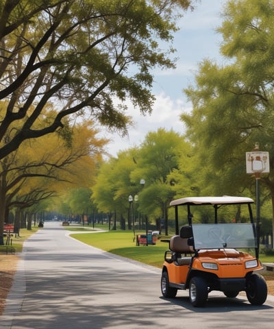 An individual is standing on a golf course, holding a golf club. He is wearing a cap, sunglasses, a short-sleeved shirt, shorts, and golf shoes. Two golf carts are visible in the background, parked on the edge of the grass. The setting includes residential houses and some trees.