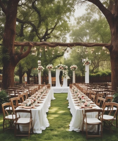 A formal event setup features tables adorned with elegant decorations including white flowers, glass candle holders, and a reflective centerpiece. Blue laser lights cross the room, creating a dynamic ceiling effect. The ambient lighting casts a starry atmosphere, while chairs are neatly arranged around each decorated dining area.