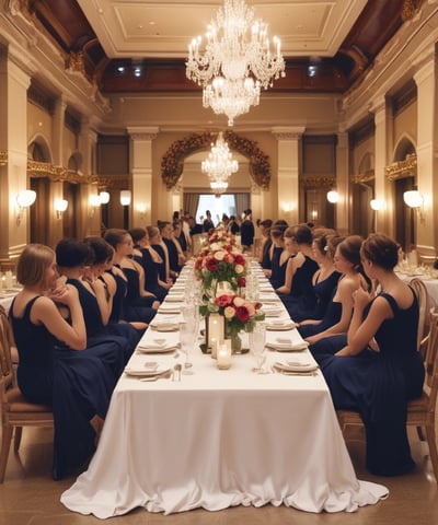 An outdoor setting features colorful inflatable play structures and a decorative balloon arch. A table draped with a pink and white skirt holds electronic equipment, possibly a photo booth setup. In the background, lush greenery and a partly cloudy sky are visible, creating a festive atmosphere.