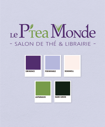 Logo le P'tea Monde sur fond violet lavande avec 5 cartouches de couleurs