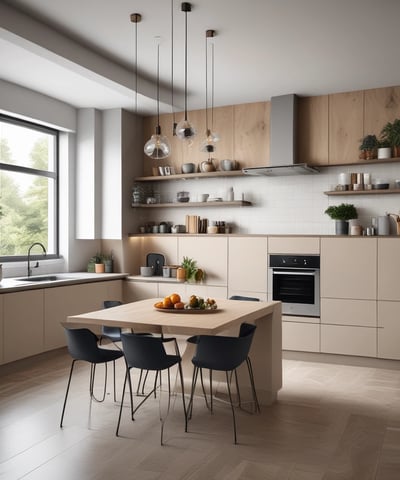 A minimalist interior design featuring a wooden sideboard with sleek lines and a potted plant on top. Modern pendant lights with circular designs hang from the ceiling, and decorative items are arranged on a recessed shelf. A light blue armchair with a wooden frame is positioned in the foreground, enhancing the contemporary aesthetic.