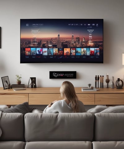 A woman with long hair, dressed in a black tank top and gray pants, is interacting with a smart home device mounted on a wall. She is holding a tablet in her left hand. The setting appears to be a modern home entryway with a wooden door featuring horizontal glass panels. A small side table near the wall supports a plant and some decorative items.