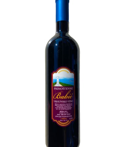 Bottle of Premium Babić red wine from Primošten, a full-bodied Dalmatian variety by OPG Branko Marin